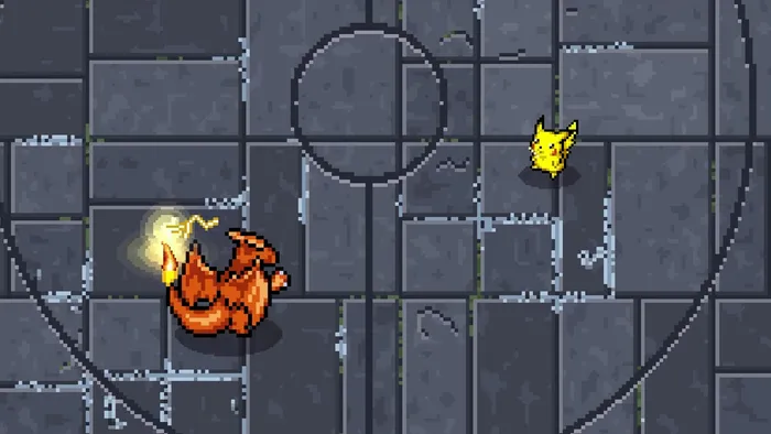 Developer preview: Charizard and Pikachu stand apart on a cracked stone arena with circular markings.