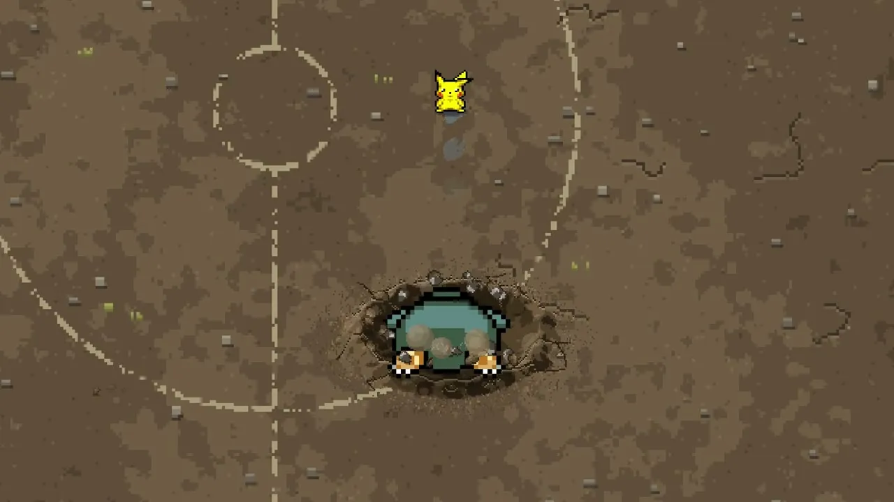 Developer preview: Snorlax sits in a crater on a dirt arena while Pikachu stands above it.