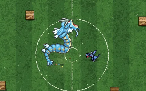 Developer preview: a large Gyarados and a smaller Garchomp face each other on a grass arena marked with white circles.