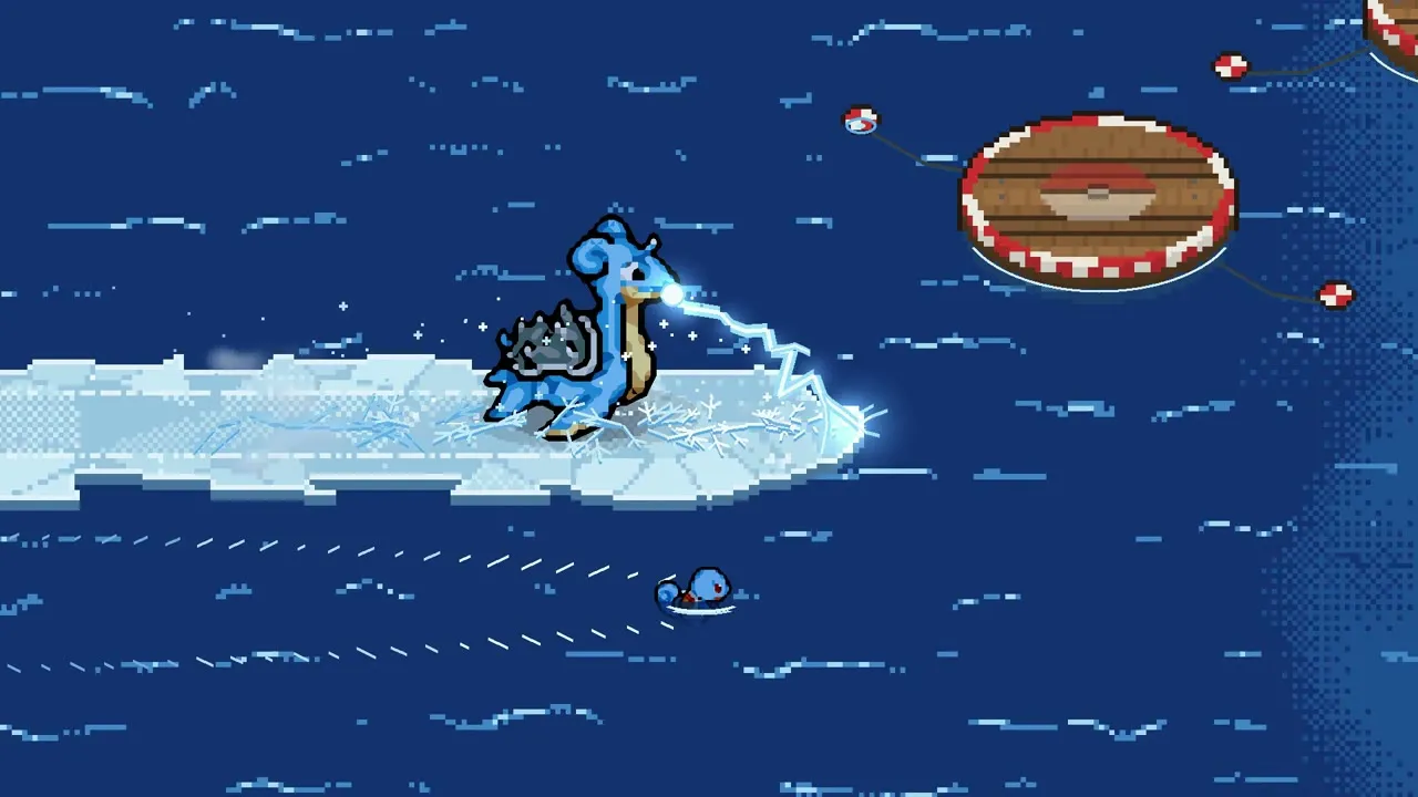 Developer preview: Lapras fires a pale blue beam from an ice path over water, with Squirtle below.